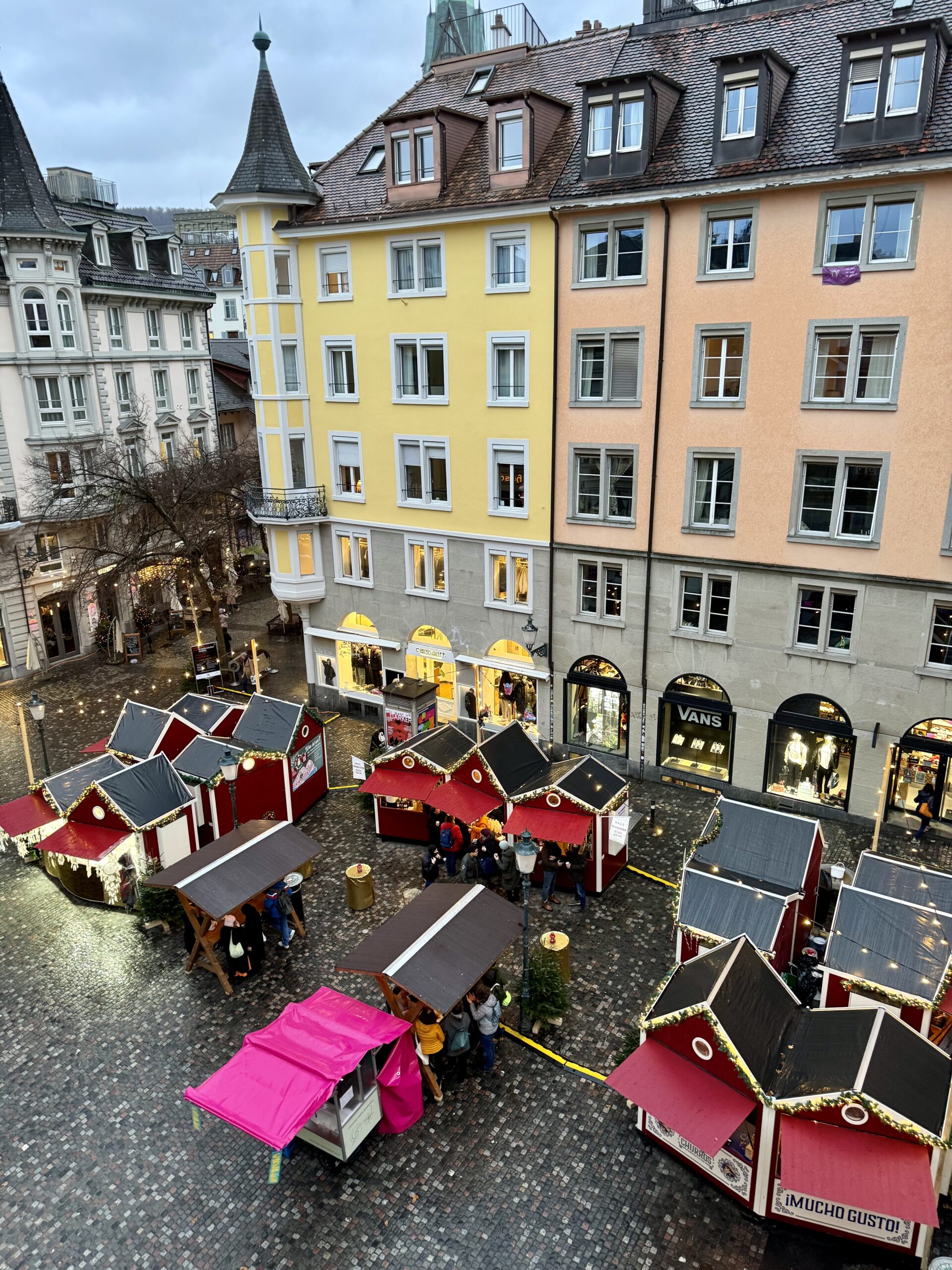 View from hotel window of market square in old town of Zurich
