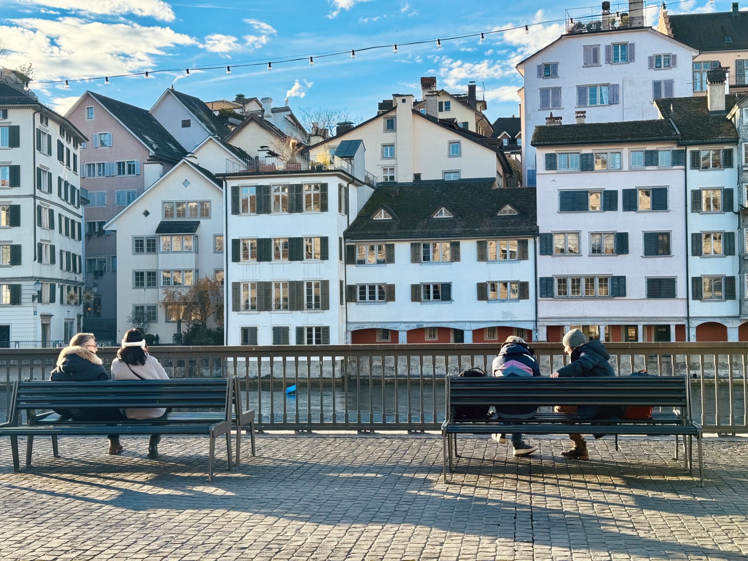 Zurich, Switzerland, city benches by river